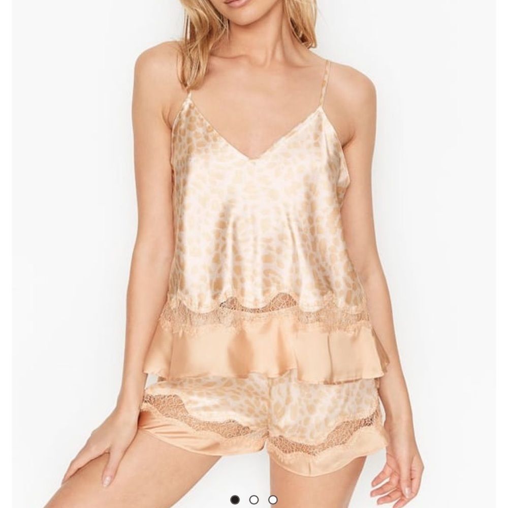 Victoria's Secret Satin Cheetah Cami Top Beige Ivory Peach Lace Ruffle Top large